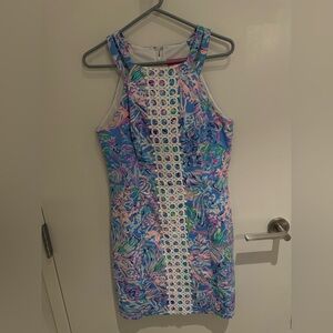 Lilly Pulitzer Blue Multi-Color Floral Shift Dress with White Crochet Panel